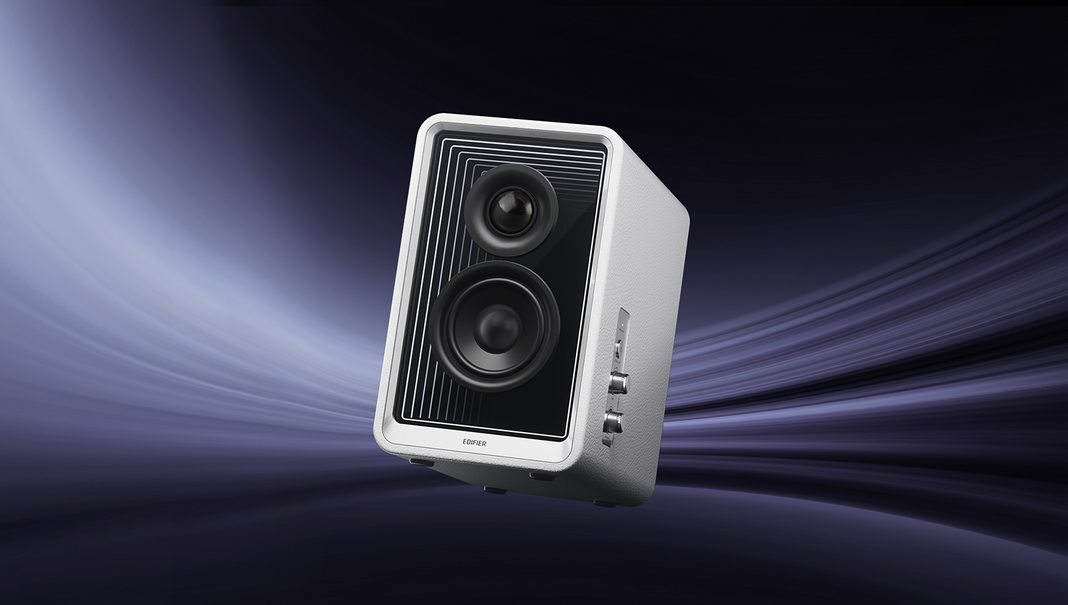 1-inch silk dome tweeter and 4-inch mid-low driver per speaker, 70W RMS total Edifier QR65 speaker driver closeup showing the 2-way configuration