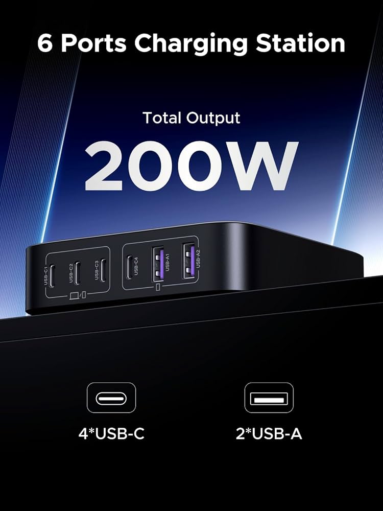 4 USB-C ports on top, 2 USB-A on the side UGREEN Nexode 200W port layout showing 4 USB-C and 2 USB-A ports