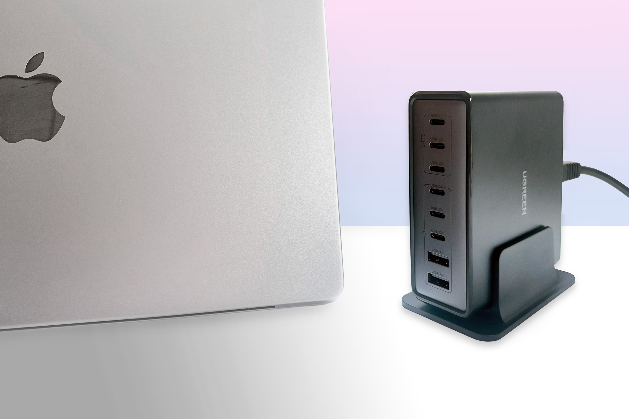 UGREEN Nexode 200W desktop charger, six ports of GaN power UGREEN Nexode 200W charging station on a desk with MacBook